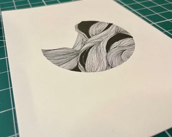 Composizione circolare #001 - Disegno astratto a inchiostro, arte organica a linee, illustrazione, opera d'arte minimalista in bianco e nero