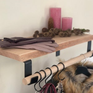 Coat rack with shelf *black metal & natural oak edge* Oak with tree edge / black bracket / oak wood / S-hook *custom size 40-80*