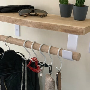 Wall coat rack with shelf I oak wood with tree edge I white bracket I oak round wood I S-hook *custom size 40-80 cm*