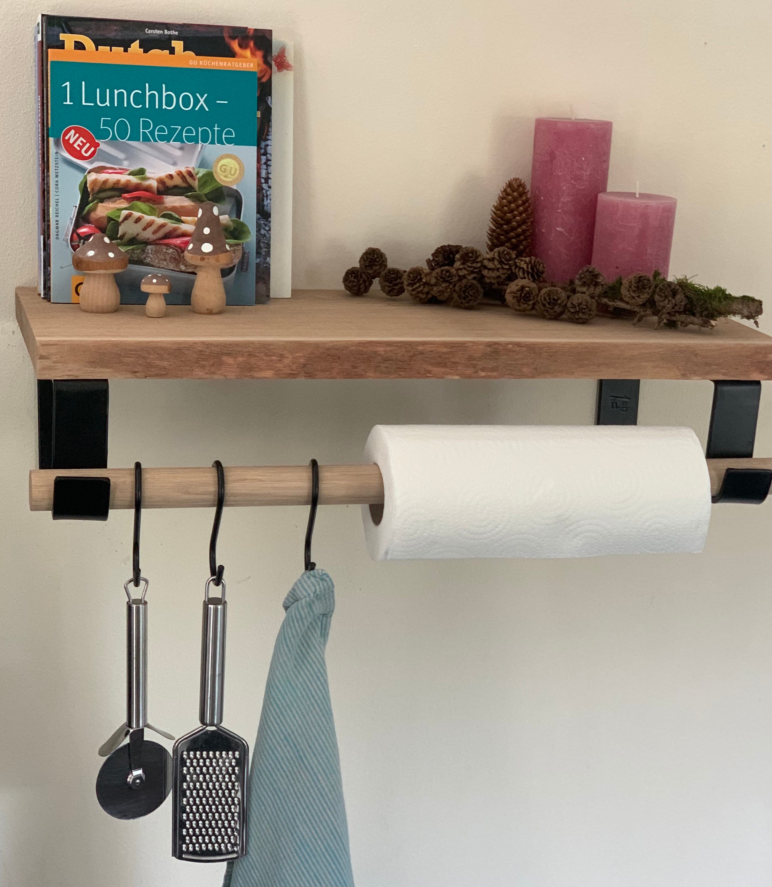 Kitchen Roll Holder With Shelf I Oak With Tree Edge and Oak Round Wood I Holder Black Matt I custom Size 40 80 Cm Etsy UK