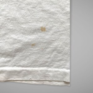 May include: White t-shirt with two small brown stains.