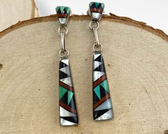 Zuni Coral Turquoise MOP Multi Stone Sterling Silver Post Earrings 