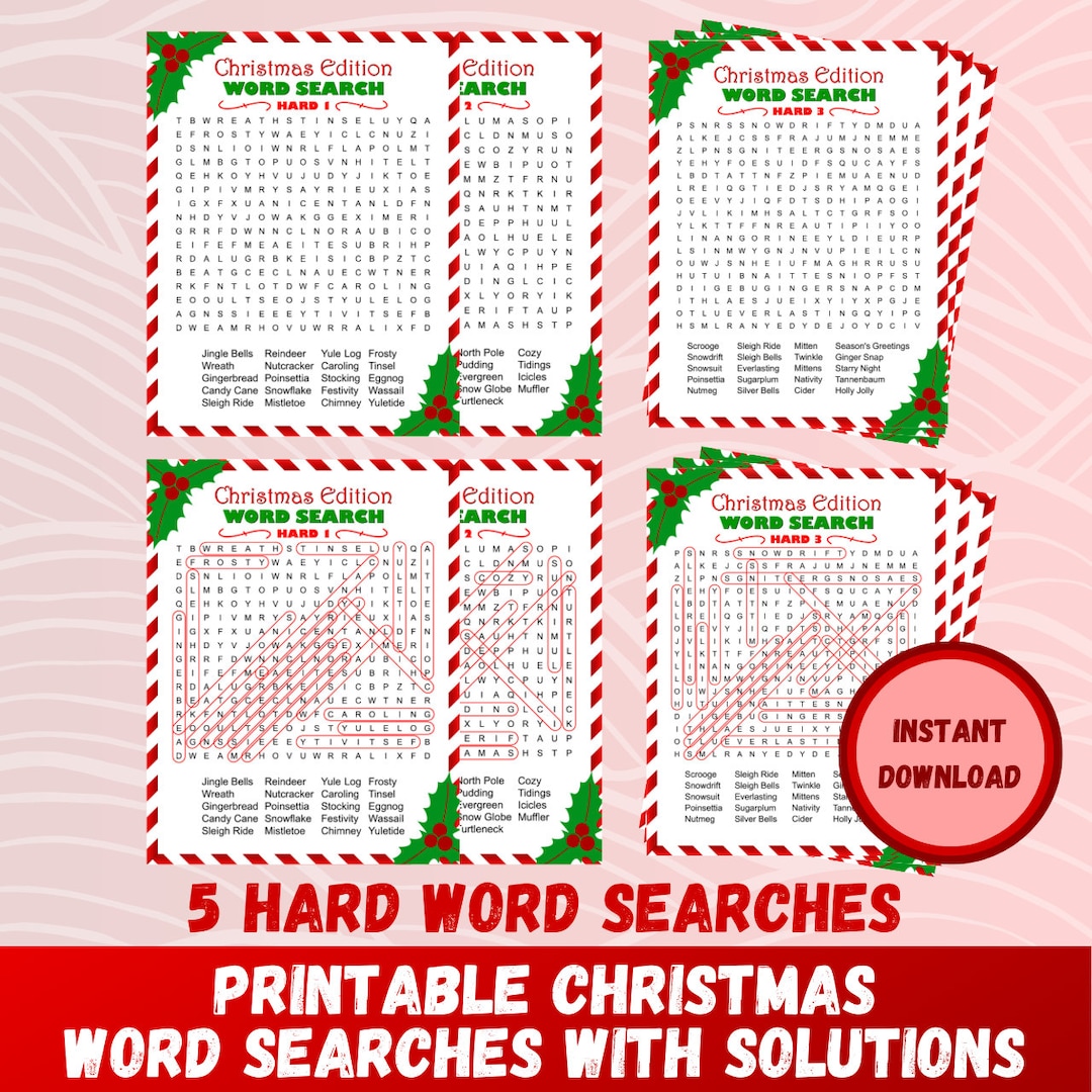 Christmas Word Search Pack: 5 Hard Puzzles With Solutions | Printable ...