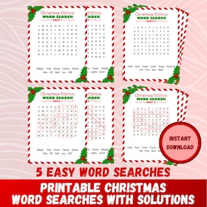 Christmas Word Search Pack: 5 Easy Puzzles with Solutions | Printable PDF | Perfect Game for All Ages During Family Dinner