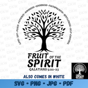 Puede incluir: Diseño gráfico en blanco y negro de un árbol con las palabras "Fruit of the Spirit" y "Galatians 5:22-23" debajo del árbol. El árbol está rodeado por un círculo con las palabras "Love, Joy, Peace, Patience, Kindness, Goodness, Faithfulness, Gentleness, Self-Control".