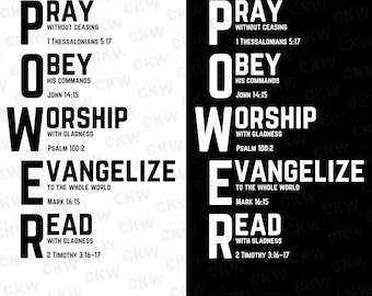 POWER SVG PNG Pray Obey Worship Evangelize Read Vector Design Christian Shirts Scripture Wall Art Prints Wall Art Scripture Bible Verse Gift