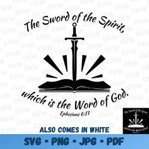 Könnte beinhalten: Schwarzweißes Grafikdesign eines Schwertes, das durch ein offenes Buch sticht, aus dem Lichtstrahlen ausströmen. Der Text lautet "Das Schwert des Geistes, das ist das Wort Gottes. Epheser 6,17".