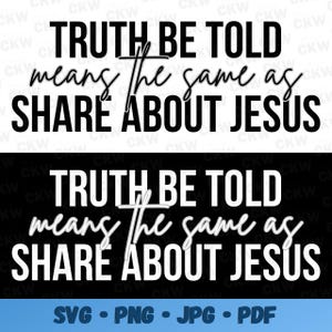 May include: Black and white graphic design with the text "Truth be told means the same as share about Jesus".