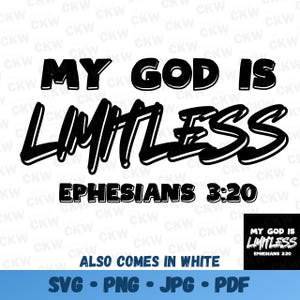 Puede incluir: Diseño gráfico en blanco y negro con el texto "My God is Limitless" y "Efesios 3:20". El diseño está en una fuente en negrita de estilo graffiti.