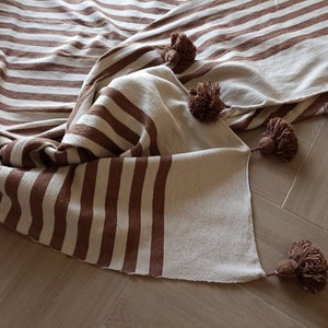 Morocco Pom Pom Blanket, Handmade Moroccan Blankets, Striped Plaids, Cotton Tassels Blanket, Woven Blanket,Throw For Sofa, Cotton Bedspread