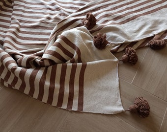 Marokko pompondeken, handgemaakte Marokkaanse dekens, gestreepte plaids, katoenen deken met kwastjes, geweven deken, worp voor bank, katoenen sprei