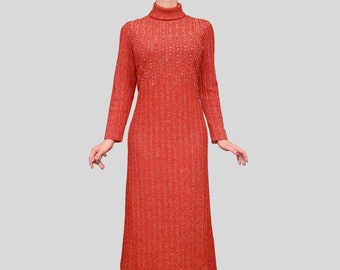 Vintage 60s knit dress red orange shiny metallic thread sweater MOD long maxi diamonds stones crystal belt-tie ILGWU union label