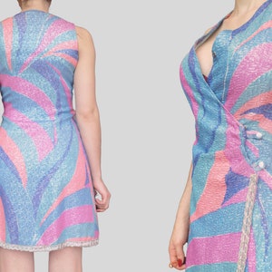 Vintage 70s Groovy Psychedelic Pastel Dress MOD colourful pink blue purple printed metallic shiny handmade image 9