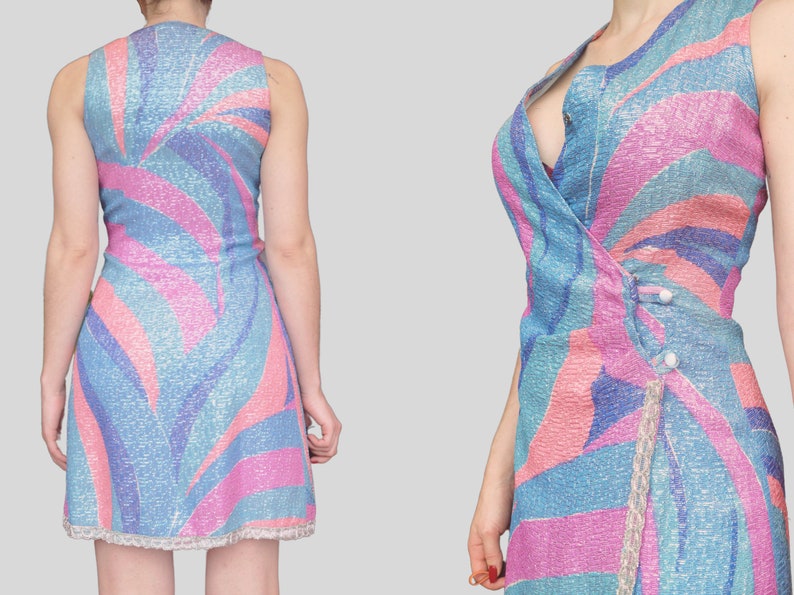 Vintage 70s Groovy Psychedelic Pastel Dress MOD colourful pink blue purple printed metallic shiny handmade image 9