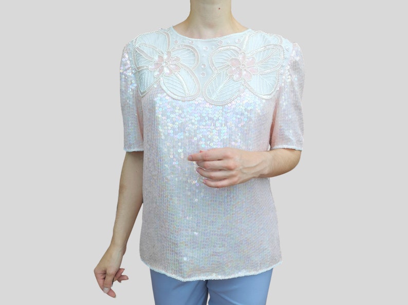 Vintage 80s Leslie Fay Evenings Eaton Sequined beaded silk Blouse top shirt light blush soft quartz pink pearly iridescent nacre M-L image 9