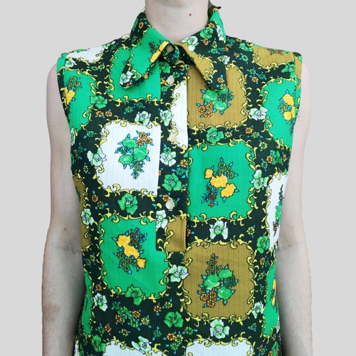 Vintage 70s Groovy shirt sleeveless shops Dress tunic | Short floral green colorful buttons pattern print