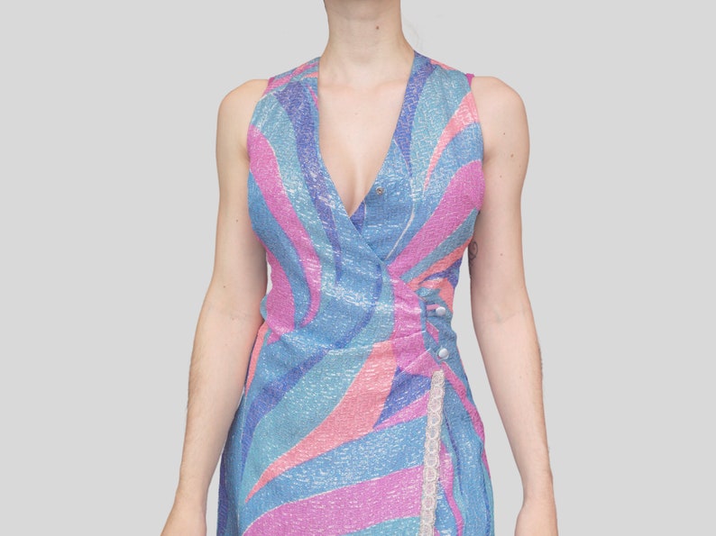 Vintage 70s Groovy Psychedelic Pastel Dress MOD colourful pink blue purple printed metallic shiny handmade image 7