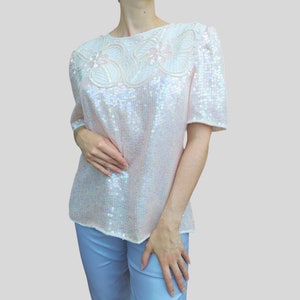 Vintage 80s Leslie Fay Evenings Eaton Sequined beaded silk Blouse top shirt light blush soft quartz pink pearly iridescent nacre M-L image 6