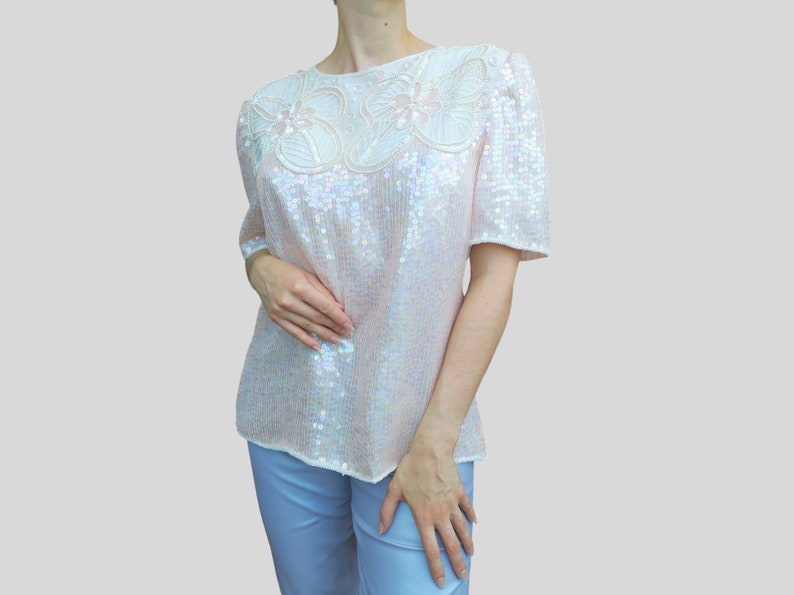 Vintage 80s Leslie Fay Evenings Eaton Sequined beaded silk Blouse top shirt light blush soft quartz pink pearly iridescent nacre M-L image 6