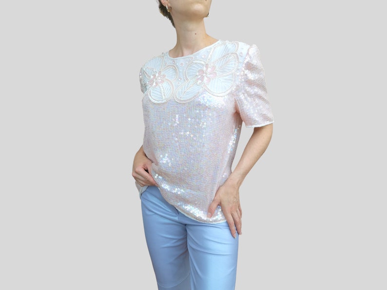 Vintage 80s Leslie Fay Evenings Eaton Sequined beaded silk Blouse top shirt light blush soft quartz pink pearly iridescent nacre M-L image 5
