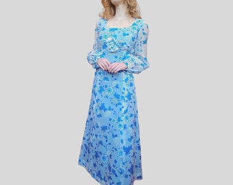 Vintage 70s fairy dress prom sheer blue prairie maxi sheer floral handmade homemade bell sleeves