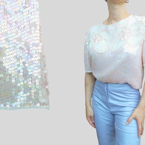 Vintage 80s Leslie Fay Evenings Eaton Sequined beaded silk Blouse top shirt light blush soft quartz pink pearly iridescent nacre M-L image 8