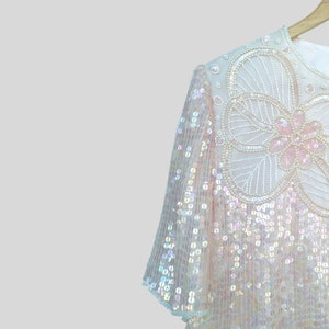 Vintage 80s Leslie Fay Evenings Eaton Sequined beaded silk Blouse top shirt light blush soft quartz pink pearly iridescent nacre M-L image 7