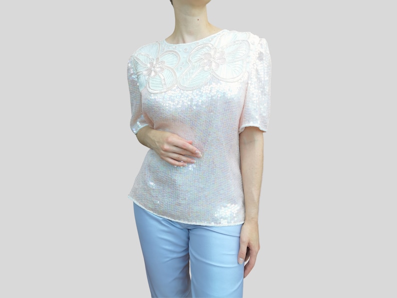 Vintage 80s Leslie Fay Evenings Eaton Sequined beaded silk Blouse top shirt light blush soft quartz pink pearly iridescent nacre M-L image 4