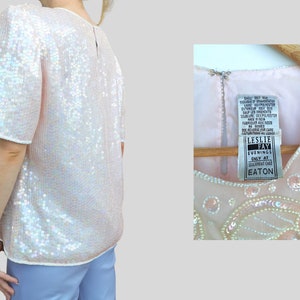 Vintage 80s Leslie Fay Evenings Eaton Sequined beaded silk Blouse top shirt light blush soft quartz pink pearly iridescent nacre M-L image 10
