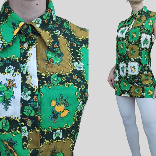 Vintage 70s Groovy shirt sleeveless shops Dress tunic | Short floral green colorful buttons pattern print