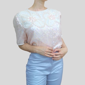 Vintage 80s Leslie Fay Evenings Eaton Sequined beaded silk Blouse top shirt light blush soft quartz pink pearly iridescent nacre M-L image 1