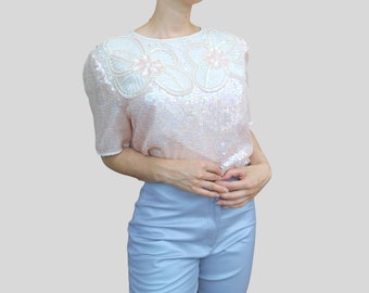 Vintage 80s | Leslie Fay Evenings Eaton Sequined beaded silk Blouse top shirt light blush soft quartz pink pearly iridescent nacre | M-L