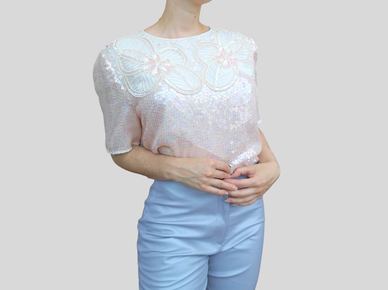 Vintage 80s Leslie Fay Evenings Eaton Sequined beaded silk Blouse top shirt light blush soft quartz pink pearly iridescent nacre M-L image 1