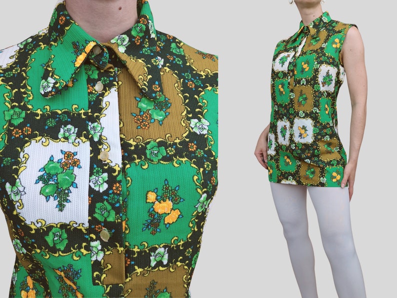 vintage 70s Chemise Groovy sans manches Robe tunique Imprimé de motifs à boutons colorés vert floral court image 10