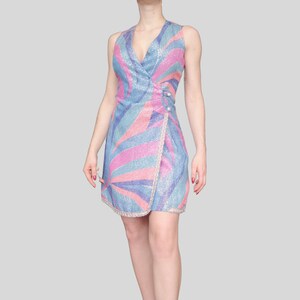 Vintage 70s Groovy Psychedelic Pastel Dress MOD colourful pink blue purple printed metallic shiny handmade image 3