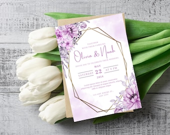 Purple Floral Gold Wedding Purple Wedding Floral Invitation Editable Purple Wedding Invitation Template