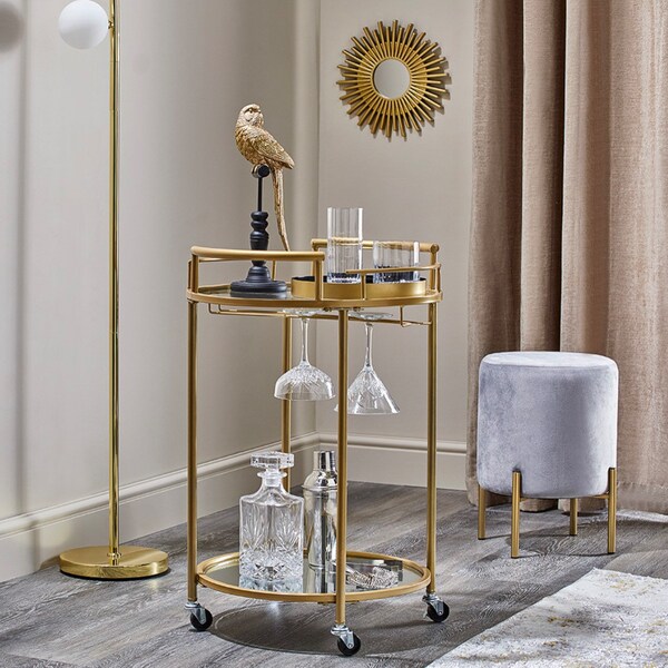 Luxury Gold effect 2 Tier Round Drinks Trolley Bar Cart Vintage Drink Bar Cart Gold Art Deco