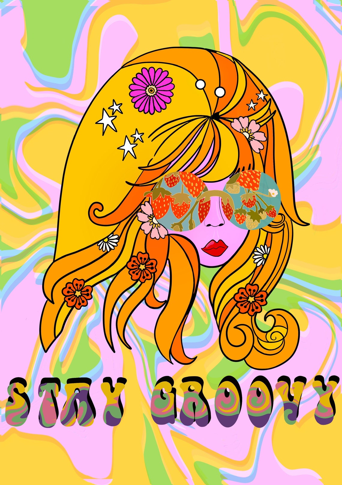 60s Psychedelic Retro Art Print Stay Groovy Wall Art Etsy