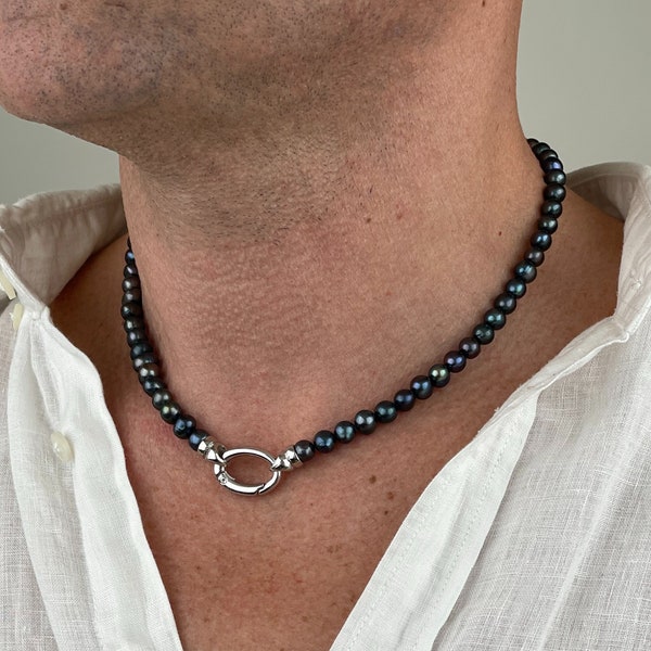 Collier de perles noires pour homme | Collier de perles d'eau douce noires pour homme | Collier de perles pour homme | Cadeaux pour hommes | Idée cadeau pour petit ami