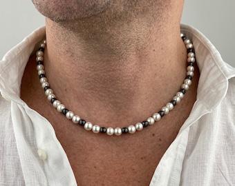 Mens Pearl Necklace | Pearl Hematite Necklace for Men | Gifts for Men | Gift Idea for Boyfriend | y2k Jewelry