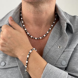 Mens Jewelry Set | Gold Pearl Jewelry Set nice gift for Men | Mens Freshwater Pearl Necklace and Bracelet Set | Gift idea for Men