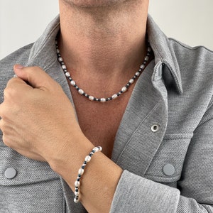 Jewelry Set for Men | Gifts for Men | Mens Freshwater Pearl Necklace and Bracelet Set | Real Pearl Silver Jewelry Set for Men | Pearl Set