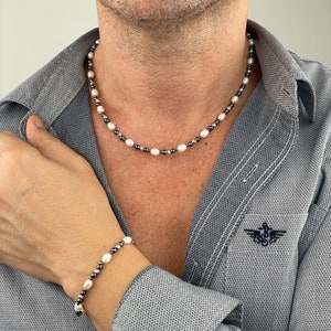 Mens Freshwater Pearl Jewelry Set : Silver Necklace & Bracelet
