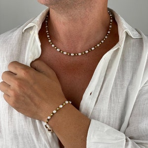 Mens Freshwater Pearl Jewelry Set : Gold Necklace & Bracelet