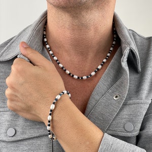 Mens Jewelry Set | Real Pearl Silver Jewelry Set nice gift for Men | Mens Freshwater Pearl Necklace and Bracelet Set | Gift idea for Men