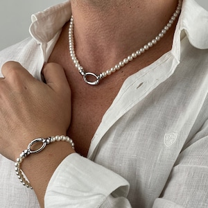 Mens Pearl Jewelry Set Gold Necklace and Bracelet Jewelry Set for Men Gift Silver Jewelry Set for Boyfriend Gift for Men y2k Jewelry zdjęcie 1