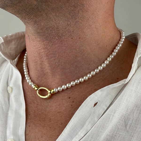 Mens Pearl Necklace | Gold Pearl Necklace for Men | Men Silver Pearl Necklace | Gifts for Men | Gift Idea for Boyfriend | y2k Jewelry