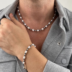 Pearl Jewelry Set for Men | Mens Rose Gold Necklace and Bracelet Set | Gift for Men | Freshwater Pearl Jewelry Set