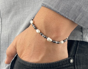 Mens Freshwater Pearl Bracelet with Hematite | Real Pearl Silver Bracelet for Men | Gift idea for Men | Silver Beads Pearl Bracelet