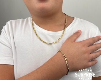 Kid's Cuban Chain Necklace and Bracelet, Gold Cuban Link, Waterproof, Silver Cuban Link, Hypoallergenic